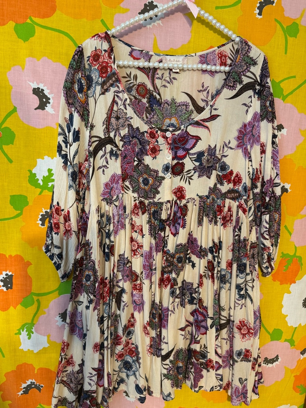 Altar'd State Cream babydoll dress with Purple and Red Florals
